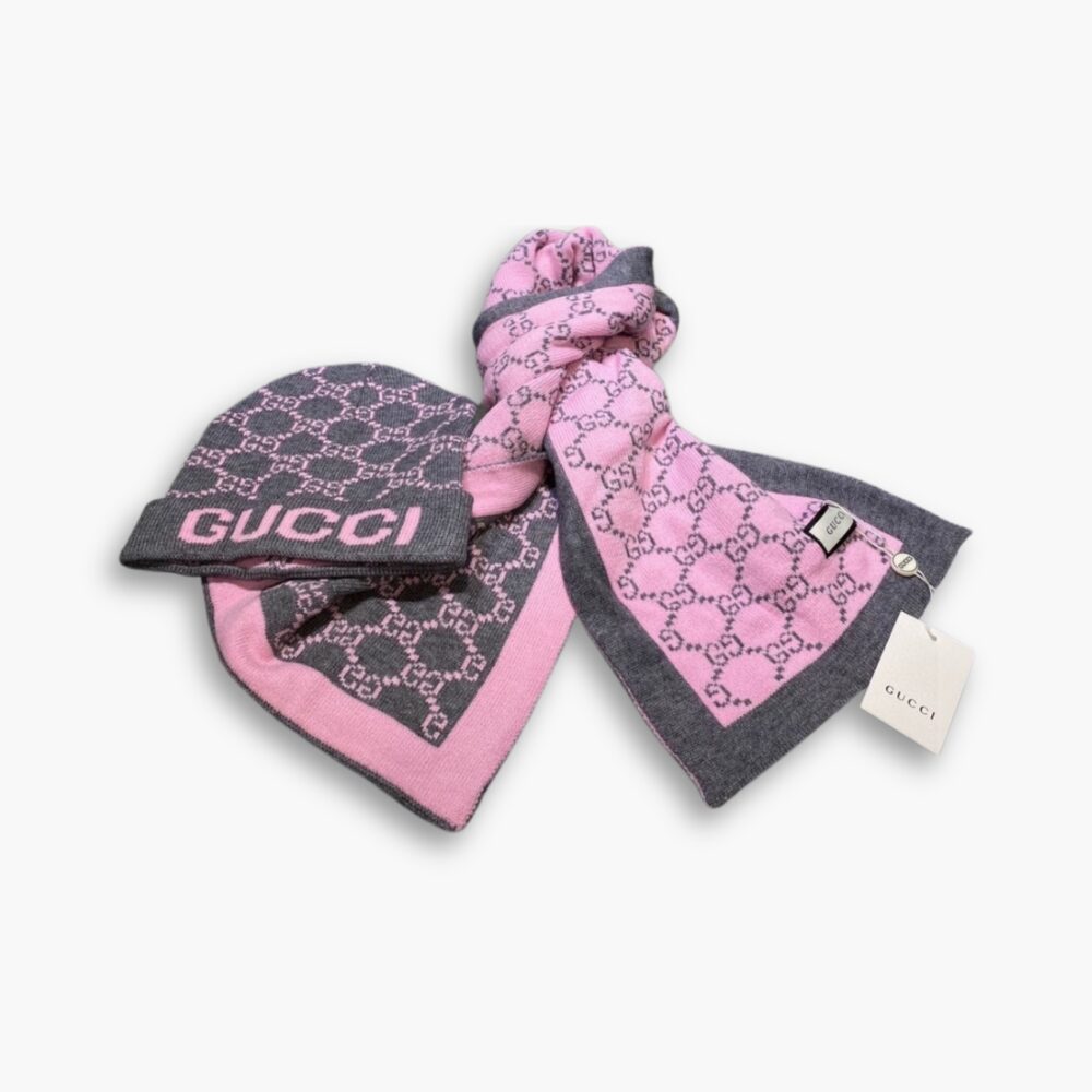 Gucci Jacquard Casual Muffler Beanie And Scarf Pink And Grey Wool Set