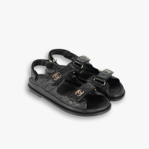 Chanel CC Button Velcro Black Sandals