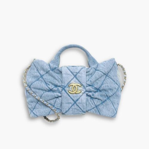 Chanel Mini Bow Bag Washed Denim And Gold Tone Metal Blue 21Cm