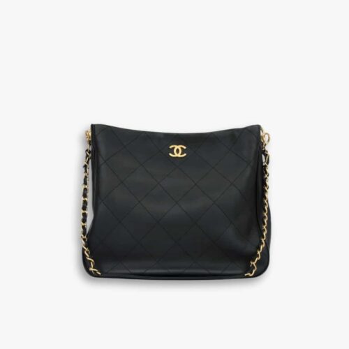 Chanel Quilted Hobo Shoulder Bag Black Brushed Gold Hardware 33Cm