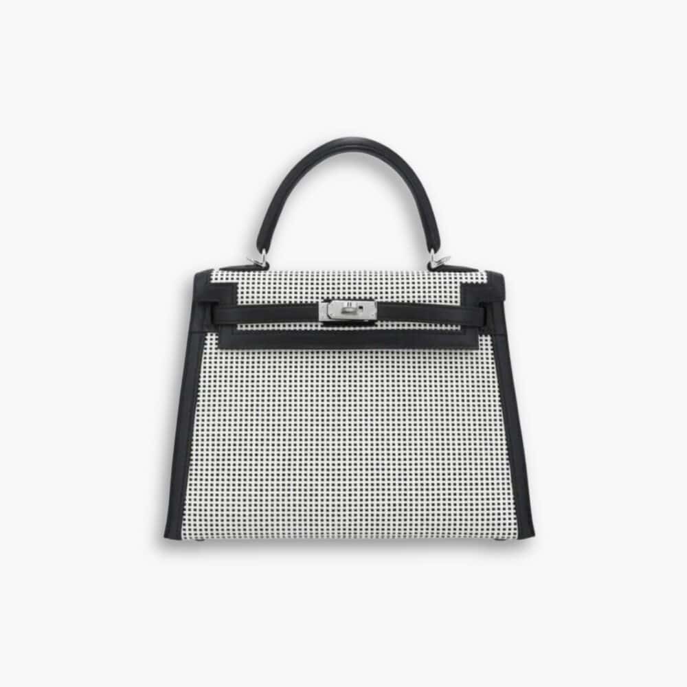 Hermes Kelly 25 Toile Quadrille Canvas Swift Black PHW 25Cm