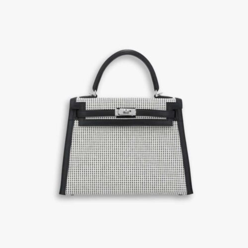Hermes Kelly 25 Toile Quadrille Canvas Swift Black PHW 25Cm