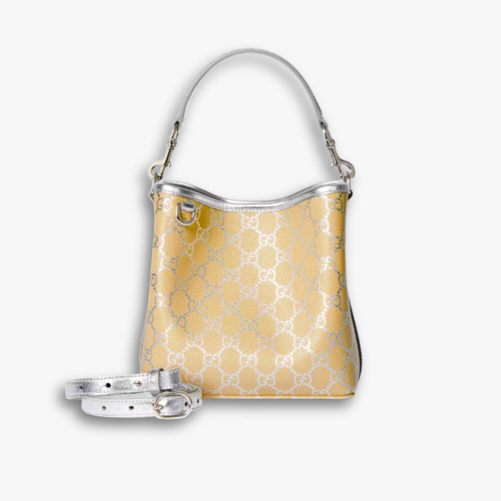 Gucci GG Emblem Small Bucket Bag Silver GG Fabric 20Cm 815118 FAFEL 8741