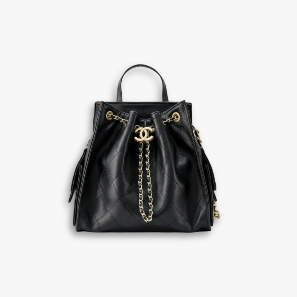 Chanel 25 Medium Backpack Grain Effect And Gold Metal Black 23Cm AS5600 B20304 94305