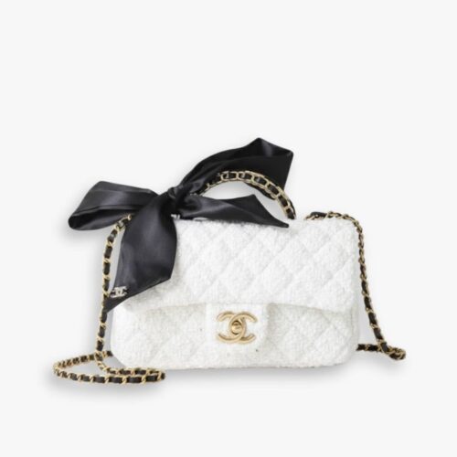 Chanel Mini Flap Bag With Top Handle Velvet And Gold Tone Metal White 20Cm AS5875 B22482 MB103