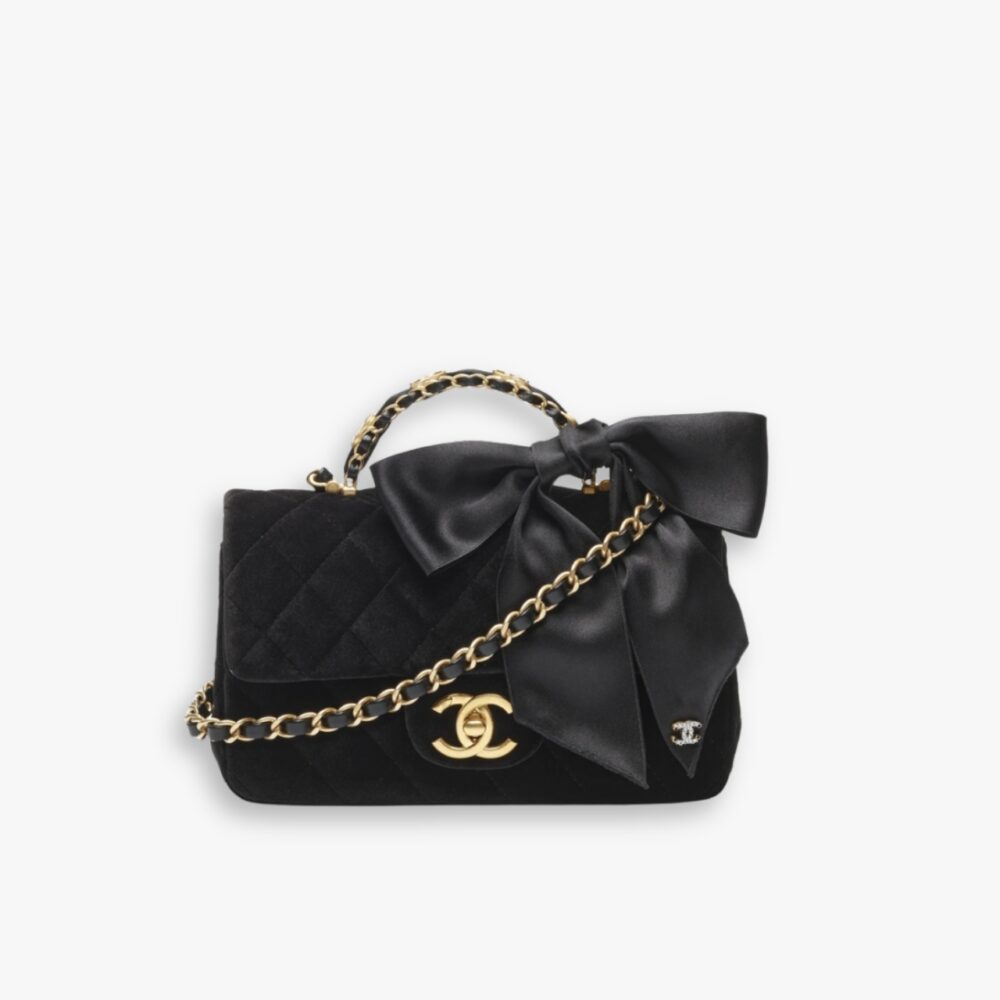 Chanel Mini Flap Bag With Top Handle Velvet Silk And Gold Tone Metal Black 20Cm AS5875 B22481 94305