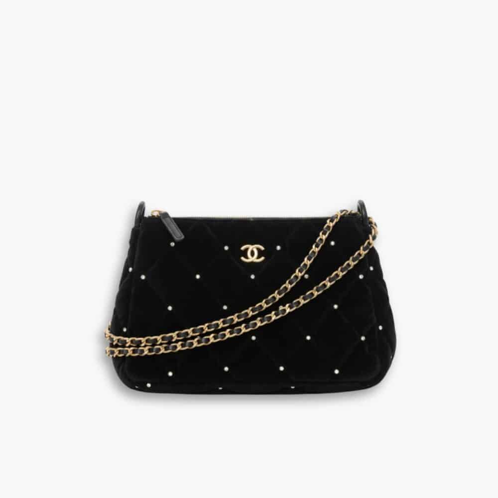 Chanel Velvet Crystal Quilted Chain Hobo Bag In Black 22Cm AP4861 B17652 93405