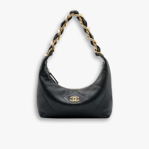 Chanel Hobo Handbag Shiny And Gold Tone Metal Black 24Cm