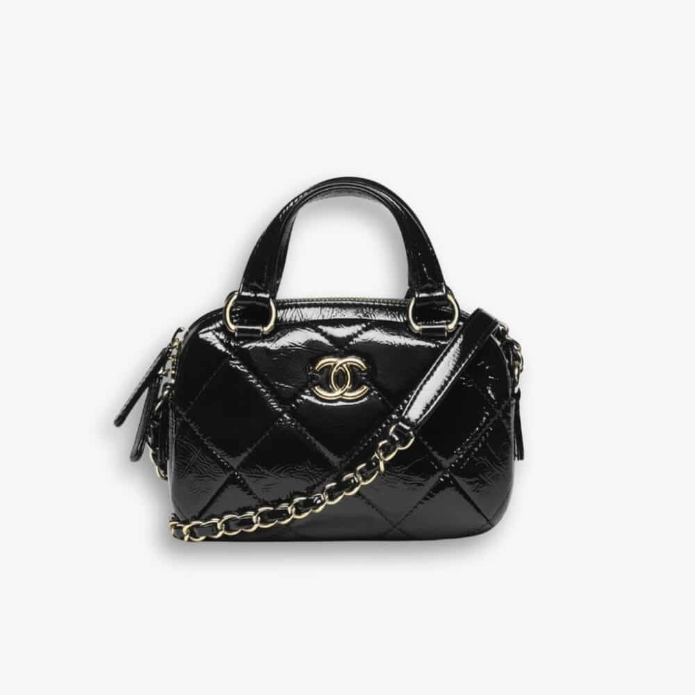 Chanel Mini Bowling Bag Shiny And Gold Tone Black 18cm AS5536 B21393 94305