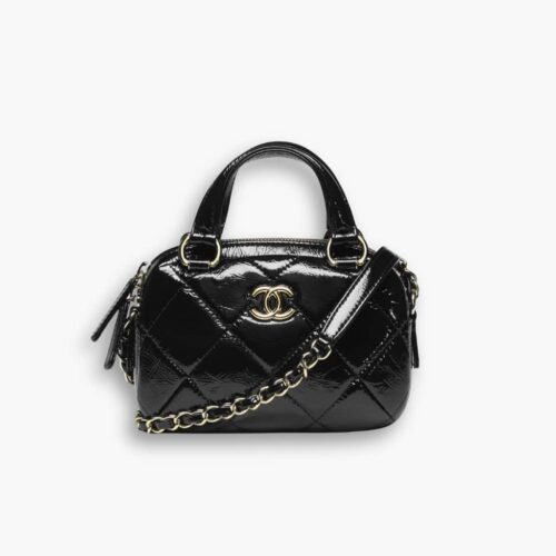 Chanel Mini Bowling Bag Shiny And Gold Tone Black 18cm AS5536 B21393 94305
