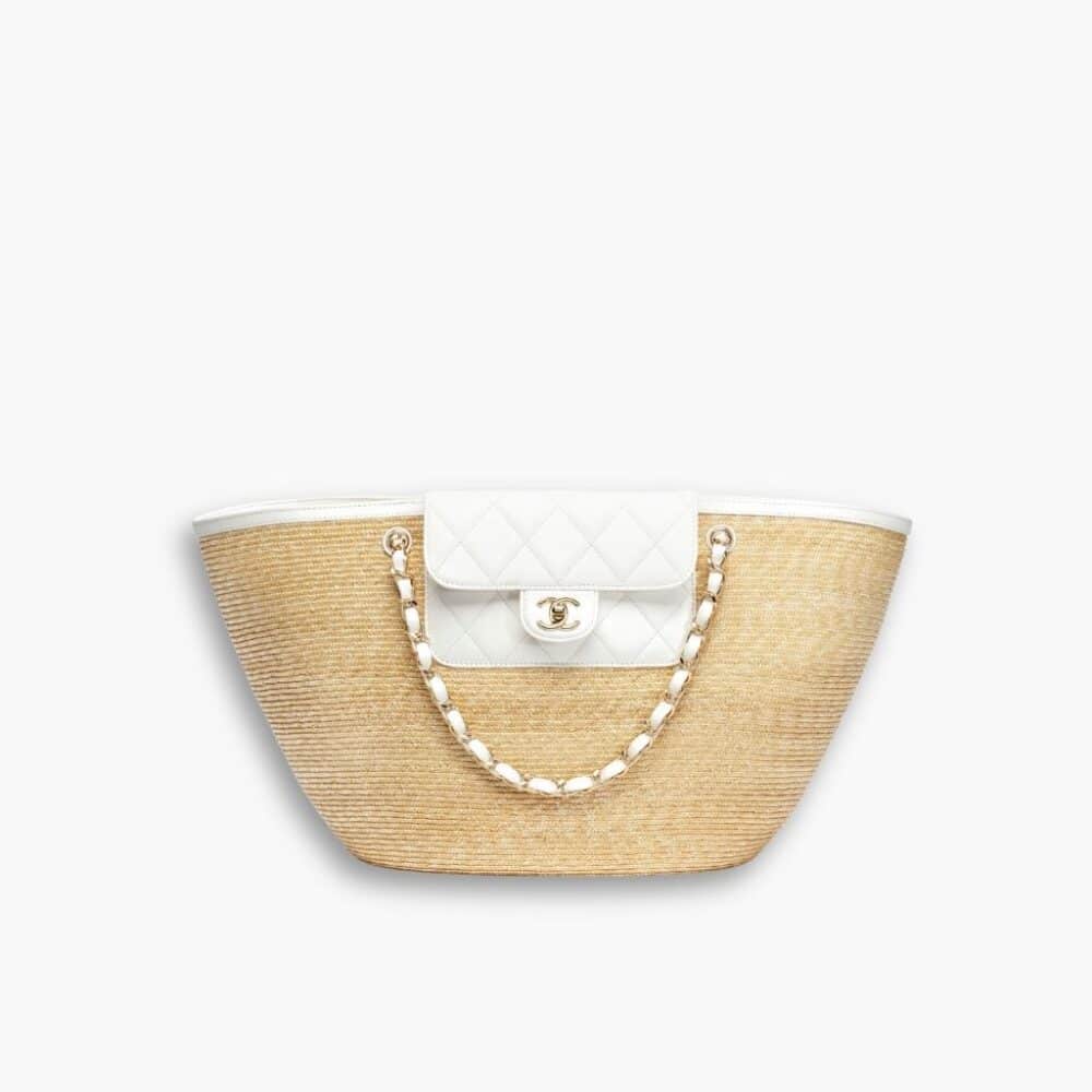 Chanel Small Shopping Bag Braided Straw Beige White 25Cm