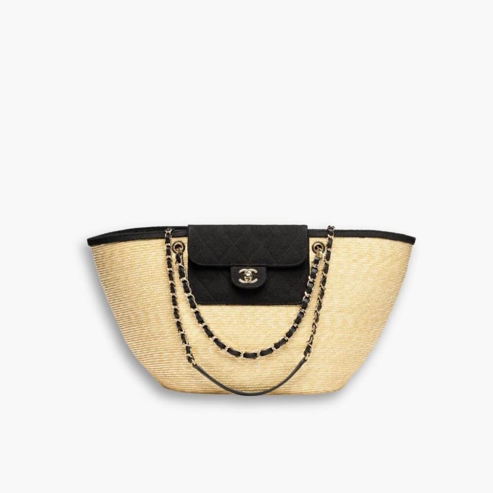 Chanel Small Shopping Bag Braided Straw Beige Black 25Cm