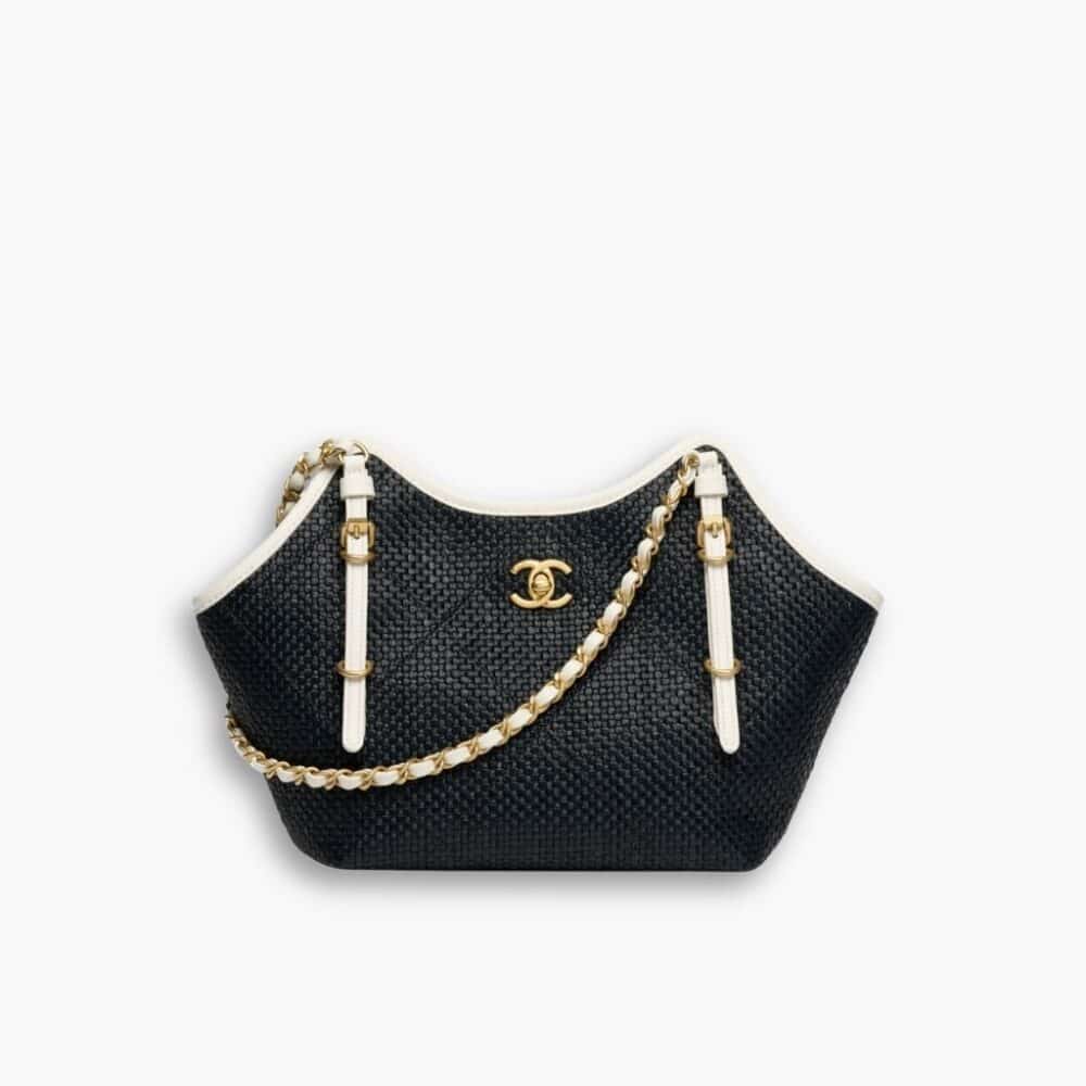 Chanel Small Shopping Bag Braided Raffia Black And White 18Cm AS6015 B22594 U5559