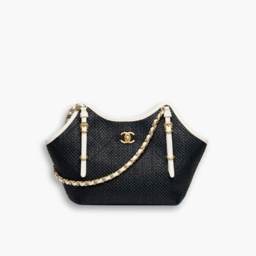 Chanel Small Shopping Bag Braided Raffia Black And White 18Cm AS6015 B22594 U5559
