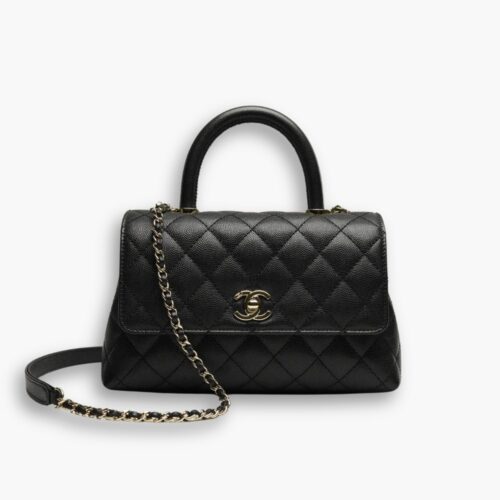 Chanel Flap Bag With Top Handle Grained And Gold Metal Black 24cm A92990 B05061 94305