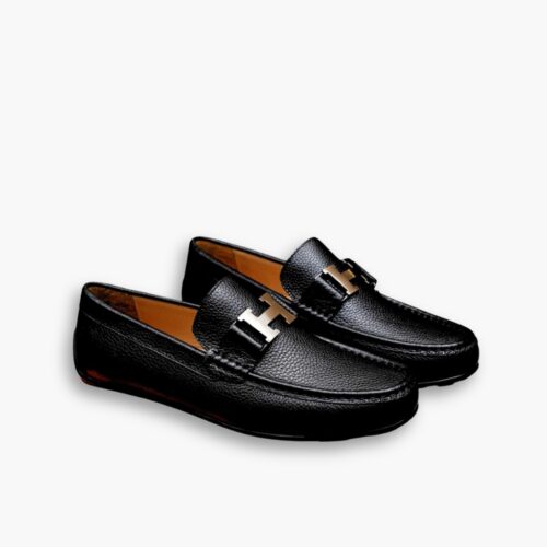 Hermes Men Loafer Moccasin With H Grained Leather Silver In Black